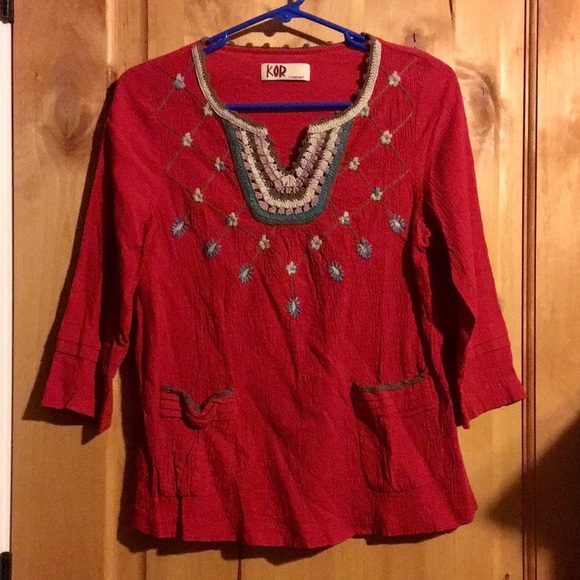 Anthro KOR Company Red Embroidered Multi-Color Yoke Style Boho Top EUC XS - Picture 4 of 6